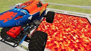 Cars vs Lava Pools Monster Truck, School Bus, Lego Cars #69 – BeamNG.Drive | BeamNG-Destruction