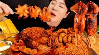 MUKBANG ASMR | MUSHROOMS & SEAFOODS SQUID + ENOKI MUSHROOM, OCTOPUS 매콤한 불닭 버섯 해물찜 먹방 EATING SOUND