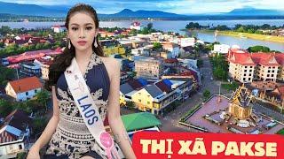 PANORAMA OF PAKSE TOWN OF CHAMPASAK PROVINCE, LAOS, EXTREMELY BEAUTIFUL LANDSCAPE