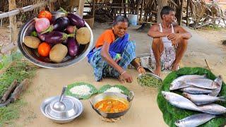 SEA FISH CURRY with BRINJAL cooking & eating by our santali tribe couple