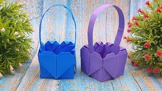 Learn How To Make Paper Flower Basket | DIY And Crafts | Heart Shape Origami Basket Making Ideas