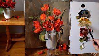 How to Paint Red Tulips in a Jug. Spring Oil Painting