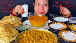 Eating Spicy  Chole, Lots Of Bhature, Matar Paneer, Dal Tadka, Dal makhani, Dum Aloo, Basmati Rice