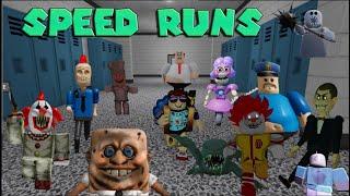 SPEED Run in 16 Scary Obby Games Barry Prison, School, Miss Ani-Tron, Mr Funny, Siren Cop, Horror v9