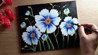 Acrylic Painting On Canvas, Black Canvas Painting Very Easy For Beginners, Flowers Painting