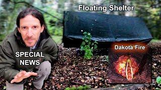 Overnight in Rainy Woods: Floating Tarp Shelter, Dakota Fire Cooking & Special NEWS