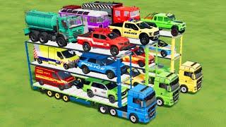 TRANSPORTING ALL POLICE CARS, AMBULANCE, FIRE TRUCK, COLORFUL CARS WITH TRUCK -FARMING SIMULATOR 22!