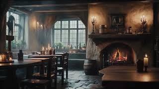 Cozy Tavern Ambience on a Rainy Day with Quiet Music | Crackling Fire, Clinking Glasses & Chatter |