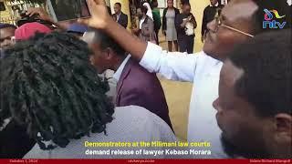 Demonstrators outside Milimani law courts demand the release of lawyer Morara Kebaso