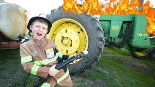 Hudson Saves Burning Tractor and Kids Truck | Tractors for kids