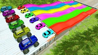 Monster Truck & Series Cars vs Trap Side Color High Speed Ramp vs Speed Bumps | HT Gameplay Official