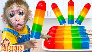 Monkey Binbin challenge Making Yummy Rainbow Jelly Dessert and Takes Care Sick Baby| MONO BINBIN ESP