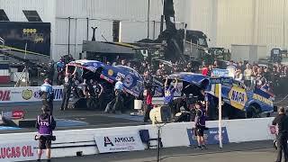 Starting line accident - 2022 NHRA Winternationals nitro Funny car final: Ron Capps vs Robert Hight.