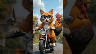 cat riding motercycle with rooster #motercycle #rooster #cat