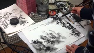 Huangshan Impression with Bamboo, a Sumi Landscape Painting by Henry Li