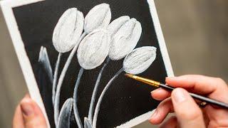 5 White Tulips - Acrylic painting / Homemade Illustration