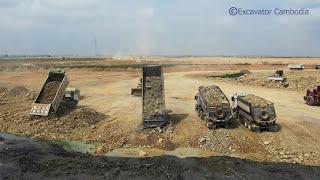 Amazing Spreading Gravel from Dump Truck With Skills Operator - Wheel Loader Plowing Rock Into Water