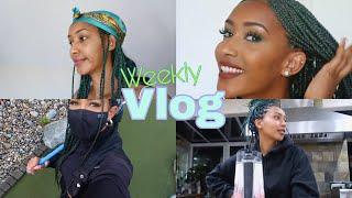 VLOG | Giving Myself Green BoxBraids + Lil  Sis does My Makeup | n More