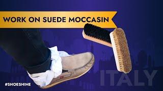 Shoeshine work on suede moccasin in Italy