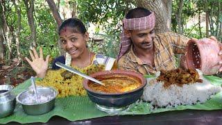 Pot mutton curry white rice and quail biryani traditional cooking and eating show