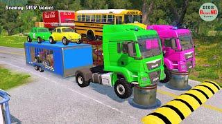 Double Flatbed Trailer Truck vs speed bumps|Busses vs speed bumps|Beamng Drive|954