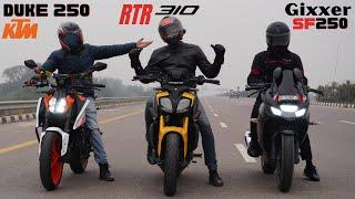 Apache RTR 310 vs KTM Duke 250 vs Suzuki Gixxer SF 250 Drag Race