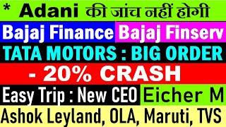 Adani की जांच नहीं होगी 20% CRASH Bajaj Finance Bajaj Finserv Easy Trip CEO OLA TATA MOTORS EV