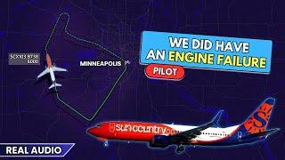 ENGINE FAILURE after takeoff. Sun Country Boeing 737 returns to Minneapolis. Real ATC