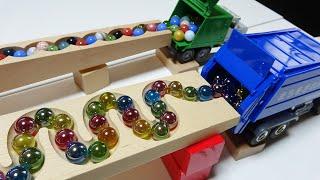 Marble Run Race ASMR  Dump Truck, Garbage Truck & HABA Slope Course