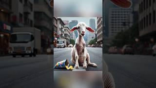 The goat starts begging on the road with a bowl #goat #goats #cute