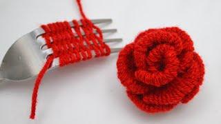 Woolen Rose making trick with fork | No crochet yarn flowers | DIY woolen flower | Embroidery hack