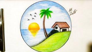 Beautiful Sunset Scenery Drawing with color pencil, Easy drawing for beginners Art's