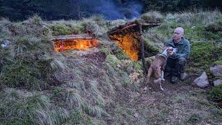 Building a secret underground shelter ,stone fireplace inside,stealth camping ireland