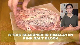 Steak Seasoned in Himalayan Pink Salt Block