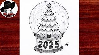 Christmas Drawing | How To Draw Christmas Tree In Snow Globe | Merry Christmas Drawing