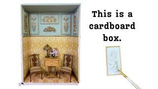 DIY Miniature Fancy Room inside a cardboard box ️ easy wall panels & more