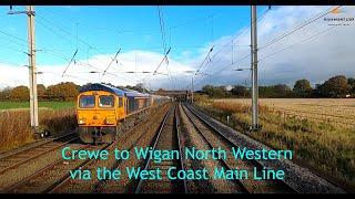 A Train Drivers view. Crewe - Wigan NW. Along the West Coast Main Line on a Class 47 loco. (In 4K).