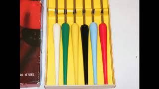 VINTAGE 1960s ART DECO MULTI COLOR 6pc STAINLESS STEEL FONDUE FORK SET