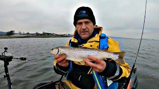 Trolling for Bass and Catching Sea Trout on a Kayak using Frozen Sand Eel for bait