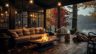 Automne Cozy Lake House Porch in Rainy Morning avec cheminée et ambiance d'automne pour dormir