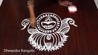 creative peacock lotus muggulu for friday - diya peacock kolam design - freehand rangolis