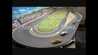 Race practice on Magracing's NASCAR oval, 1/32 scale r/c cars.