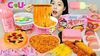 ASMR MUKBANG| Pink Convenience store (Rosé noodles Tteokbokki, Triangular Kimbap, Desserts).