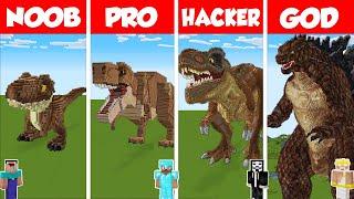 Minecraft T-REX vs GODZILLA STATUE HOUSE BUILD CHALLENGE - NOOB vs PRO vs HACKER vs GOD / Animation