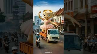 Evolution of a giant monkey dancing ballet on a cliff edge into a Ballerina Cappuccina on a truck