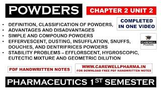 Powders (complete) || Chapter 2 Unit 2 || Pharmaceutics 1 b pharmacy 1 semester || Carewell Pharma