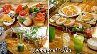 Summer-flavored dishes made in a cozy country house  Plum toast and cucumber lemon juice 