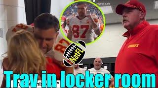 New Footage! Travis Kelce celebrates the win with Andy Reid and teammates in the locker room