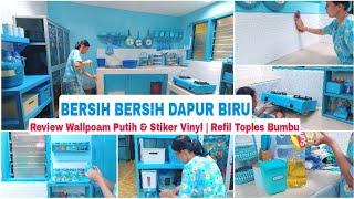 BERSIH BERSIH DAPUR BIRU | Review Wallpoam Putih & Stiker Vinyl | Refill Toples Bumbu