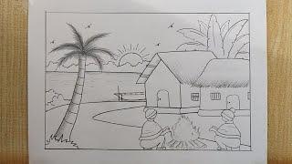 Easy Village scenery drawing| Winter season  Scenery drawing easy| Pencil drawing| Winter Scenery